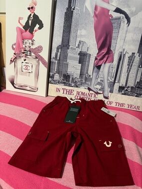 True Religion Burgundy Cargo Shorts with White Drawstring